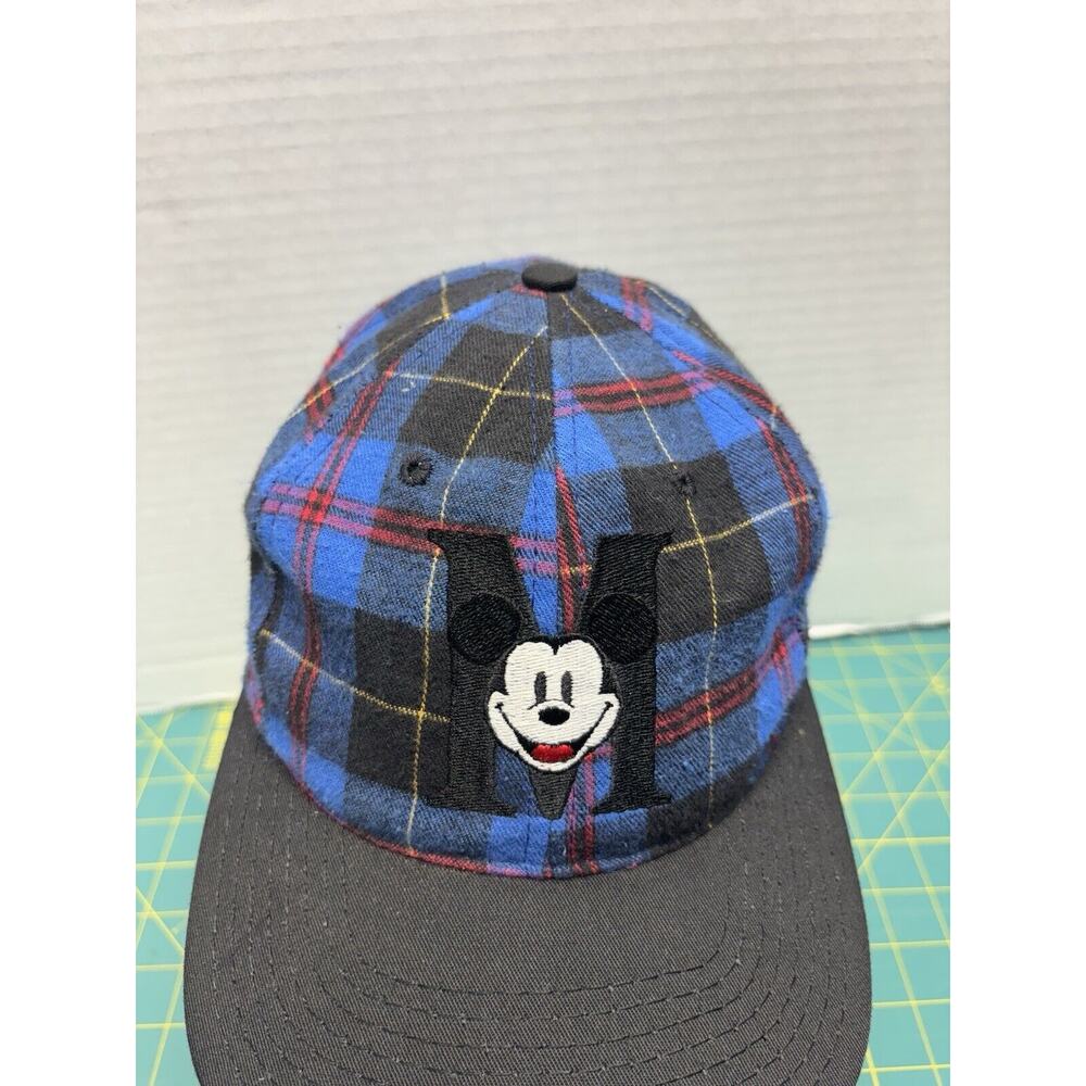 Vintage 90s Disney Mickey Mouse Blue Plaid Adult Snapback Hat RARE USA MADE